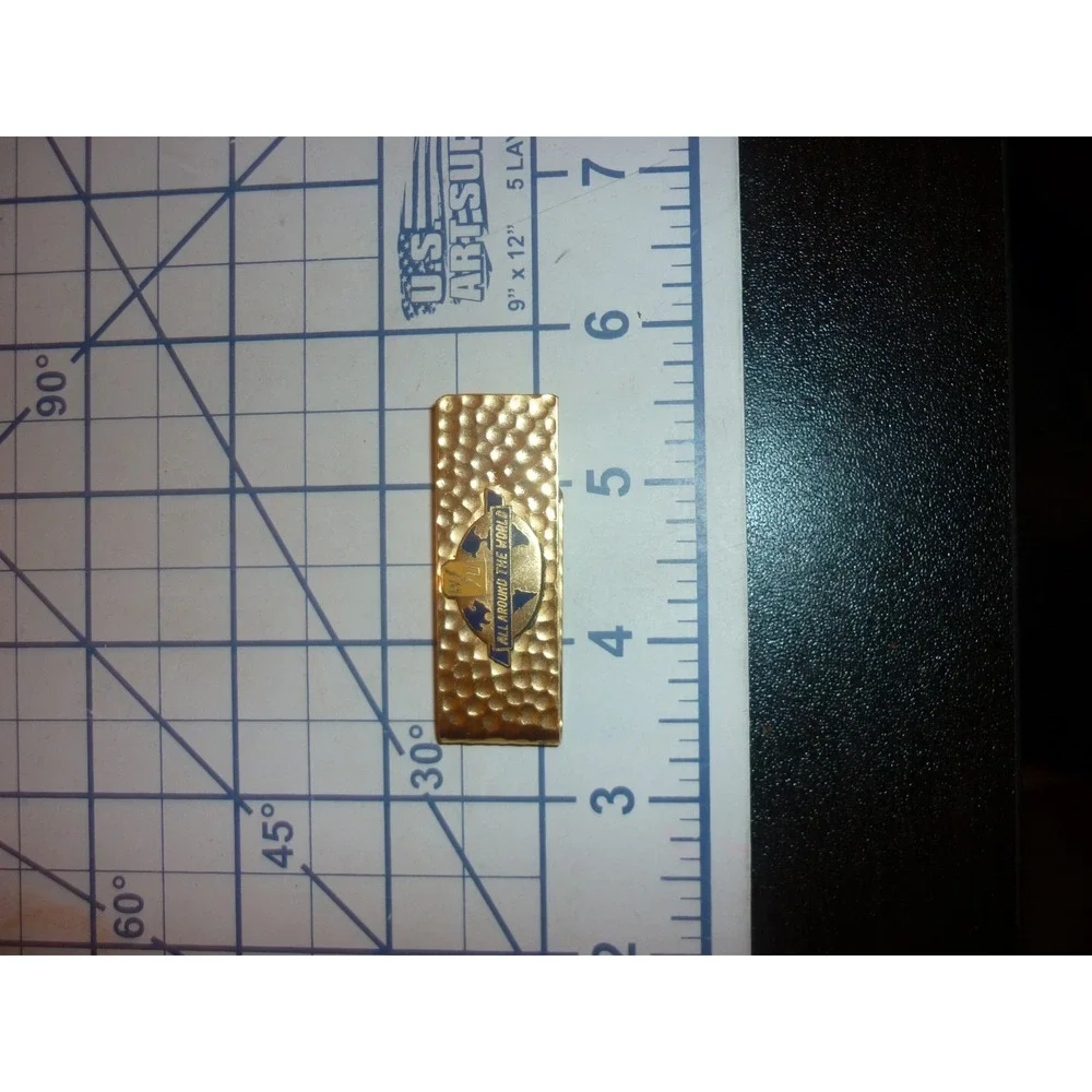 Vintage All Around The World Money Clip Gold Tone Hammered Metal Globe Travel